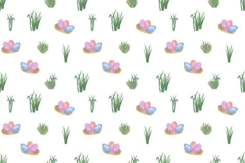 Easter egg hunt repeat pattern, eggs and plants, symbol of spring holidays Illustrazione stock