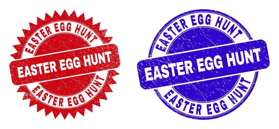 EASTER EGG HUNT Rounded and Rosette Stamp Seals with Grunged Texture Illustrazione stock