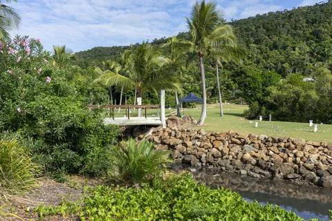 Easter Egg Hunt Set Up For Children At Tropical Resort Stock Photos