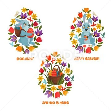 Easter Egg Hunt Spring Flowers Composition Stock Illustration