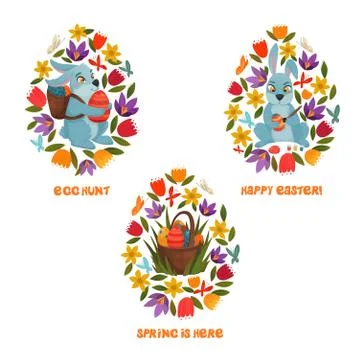 Easter Egg Hunt Spring Flowers Composition 스톡 일러스트