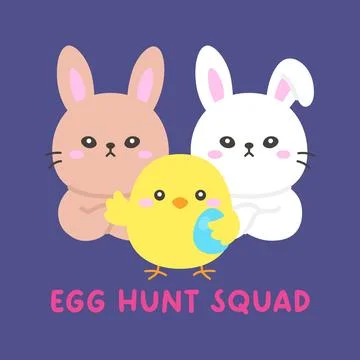 Easter Egg Hunt Squad with Two Bunnies and Yellow Chick Holding Egg Stock Illustration