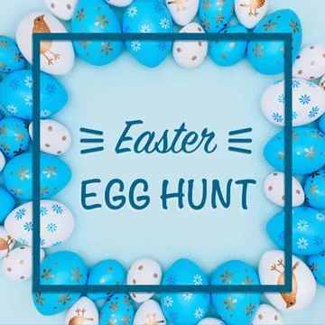 Easter egg hunt square greeting card on blue. Stock Photos