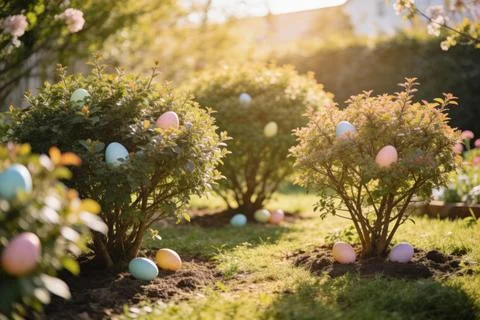 Easter egg hunt in a sun-drenched garden with pastel colored eggs hidden in.. Stock Photos
