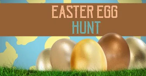 Easter Egg Hunt text with aster eggs in front of pattern Stock Illustration