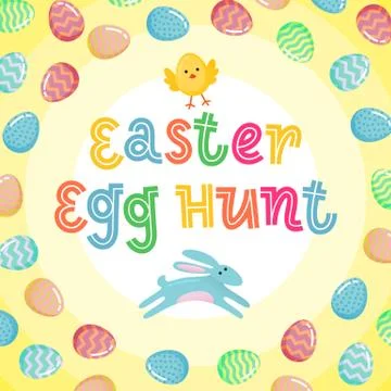 Easter egg hunt vector poster with jumping Easter banny and colored ornate eg Stock Illustration