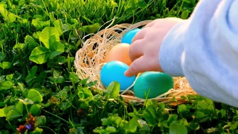Easter Egg Hunt.Catholic Easter tradition. Colorful easter eggs. Stock Footage 302294804