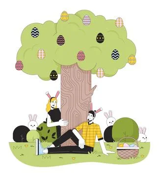 Easter egg hunting 2D linear illustration concept Stock Illustration