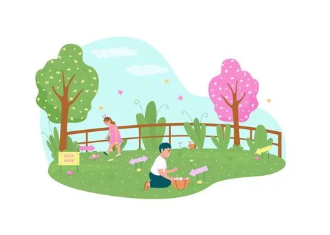 Easter egg hunting 2D vector web banner, poster Stock Illustration
