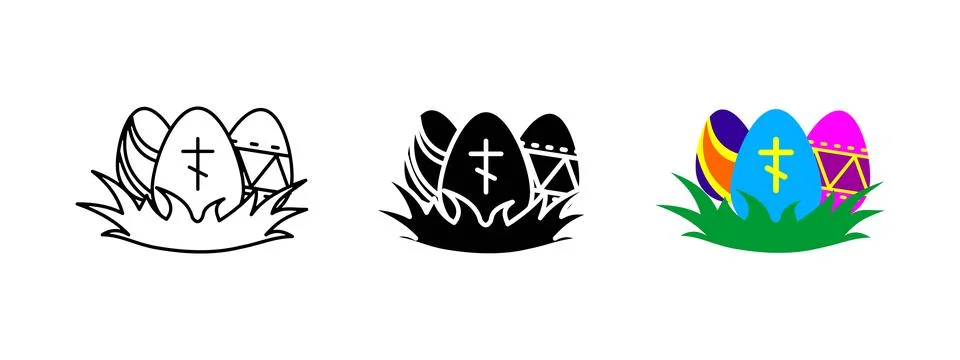 Easter egg icon. Set of decorated eggs with a cross in the grass vector ill.. Illustrazione stock
