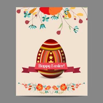 Easter egg invitation card with label and floral background Stock Illustration