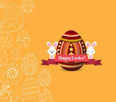 Easter egg invitation card with label with yellow background pattern of orn.. Illustrazione stock
