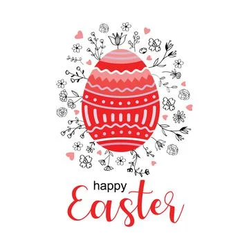 Easter egg, many flowers and inscription: Happy Easter Stock Illustration