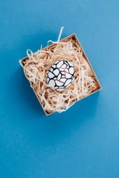 The Easter egg is painted in black and white, an abstraction, lies in a box. Stock Photos