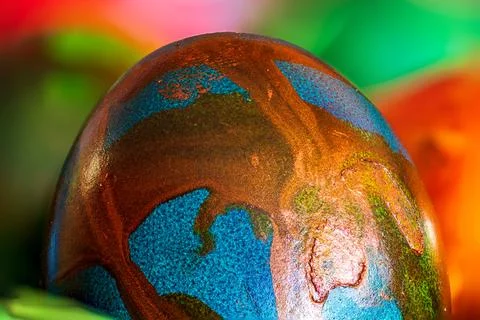 Easter Egg Painted as Earth Globe World Map Close Up Macro Stock Photos
