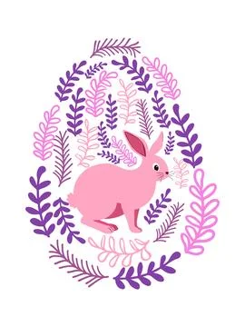 An Easter egg with a painted Easter bunny and floral designs. Kids egg games. Stock Illustration