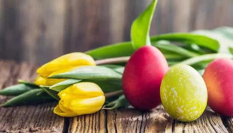Easter egg panettone bread cake background Happy easter spring holiday tulip Stock Photos