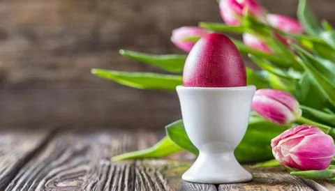 Easter egg panettone bread cake background Happy easter spring holiday tulip Stock Photos