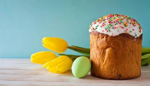 Easter egg panettone bread cake background Happy easter spring holiday tulip Stock Photos