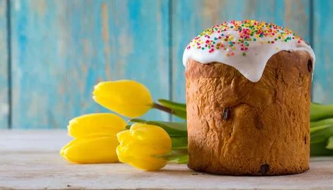 Easter egg panettone bread cake background Happy easter spring holiday tulip Stock Photos