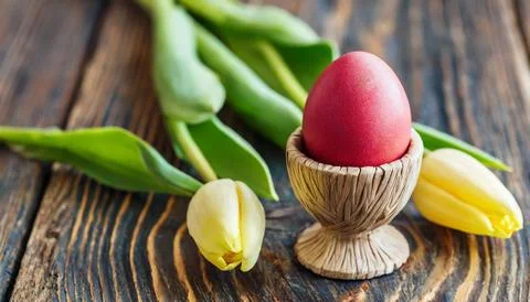 Easter egg panettone bread cake background Happy easter spring holiday tulip Stock Photos