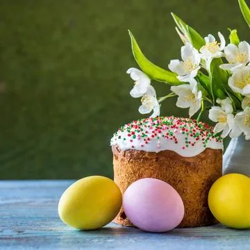 Easter egg panettone bread cake background Happy easter spring holiday tulip Stock Photos