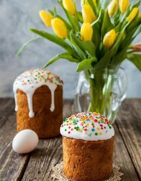 Easter egg panettone bread cake background Happy easter spring holiday tulip Stock Photos
