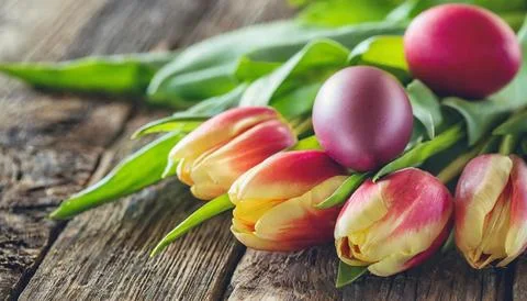 Easter egg panettone bread cake background Happy easter spring holiday tulip Stock Photos