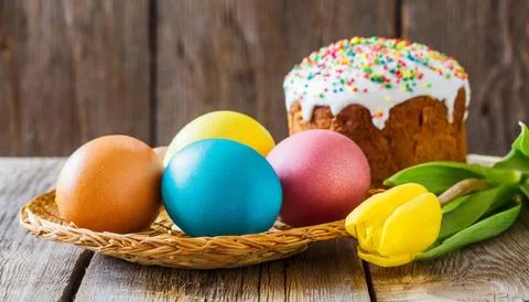 Easter egg panettone bread cake background Happy easter spring holiday tulip Stock Photos