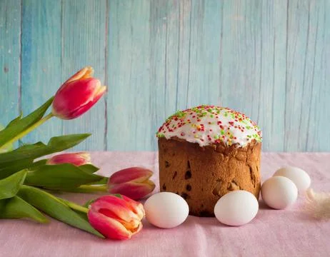 Easter egg panettone bread cake background Happy easter spring holiday tulip Stock Photos