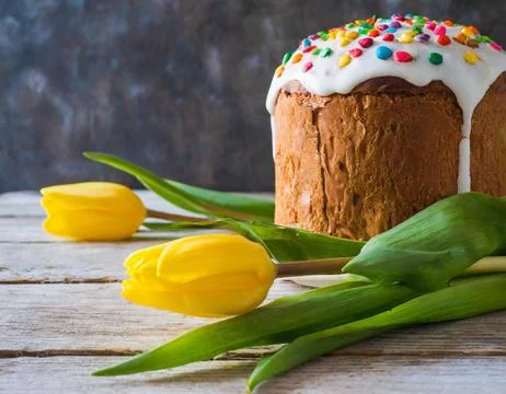 Easter egg panettone bread cake background Happy easter spring holiday tulip Stock Photos