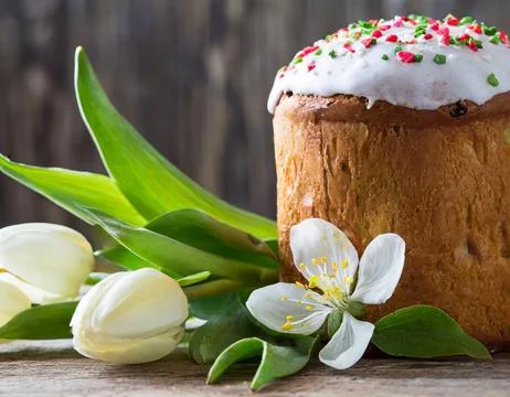 Easter egg panettone bread cake background Happy easter spring holiday tulip Stock Photos