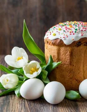 Easter egg panettone bread cake background Happy easter spring holiday tulip Stock Photos