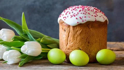 Easter egg panettone bread cake background Happy easter spring holiday tulip Stock Photos