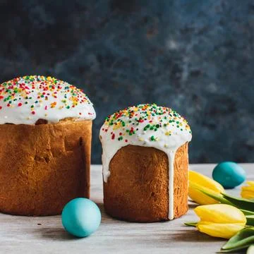 Easter egg panettone bread cake background Happy easter spring holiday tulip Stock Photos