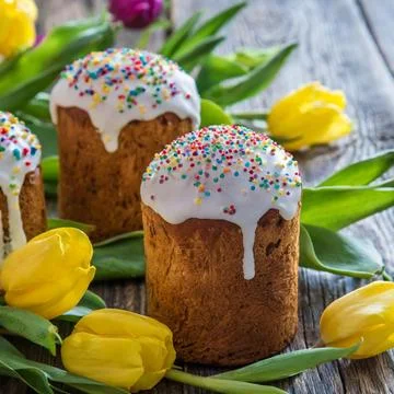 Easter egg panettone bread cake background Happy easter spring holiday tulip Stock Photos
