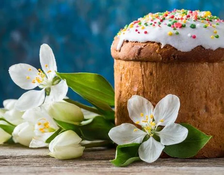Easter egg panettone bread cake background Happy easter spring holiday tulip Stock Photos