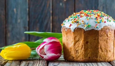 Easter egg panettone bread cake background Happy easter spring holiday tulip Stock Photos