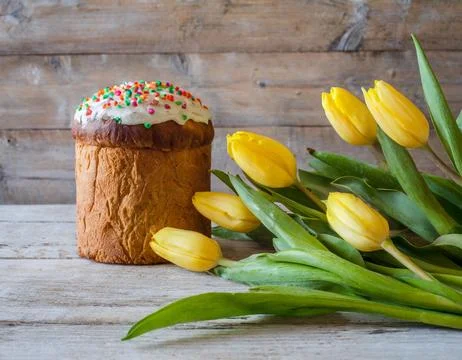 Easter egg panettone bread cake background Happy easter spring holiday tulip Stock Photos