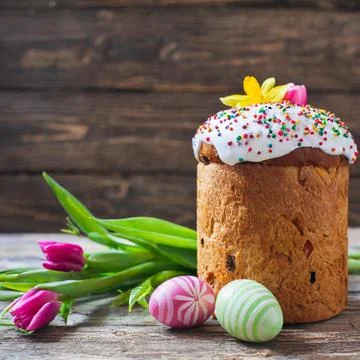 Easter egg panettone bread cake background Happy easter spring holiday tulip Stock Photos