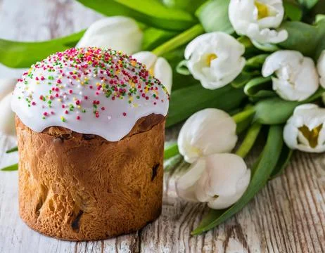 Easter egg panettone bread cake background Happy easter spring holiday tulip Stock Photos