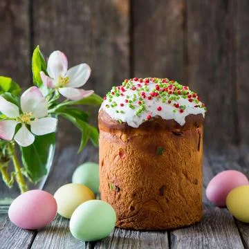 Easter egg panettone bread cake background Happy easter spring holiday tulip Stock Photos