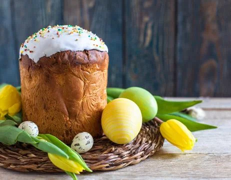 Easter egg panettone bread cake background Happy easter spring holiday tulip Stock Photos