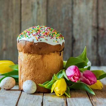 Easter egg panettone bread cake background Happy easter spring holiday tulip Stock Photos