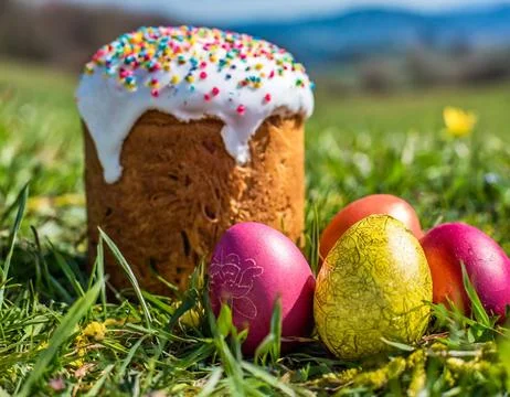 Easter egg panettone bread cake background Happy easter spring holiday tulip Stock Photos