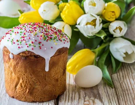 Easter egg panettone bread cake background Happy easter spring holiday tulip Stock Photos