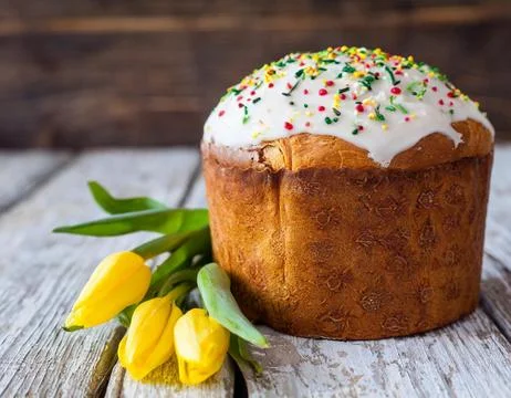 Easter egg panettone bread cake background Happy easter spring holiday tulip Stock Photos