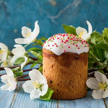 Easter egg panettone bread cake background Happy easter spring holiday tulip Stock Photos
