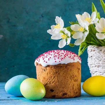 Easter egg panettone bread cake background Happy easter spring holiday tulip Stock Photos