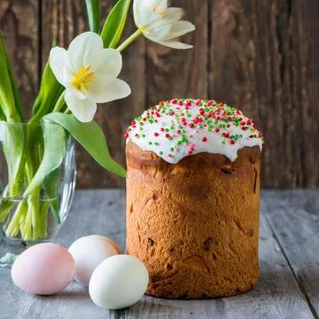 Easter egg panettone bread cake background Happy easter spring holiday tulip Stock Photos